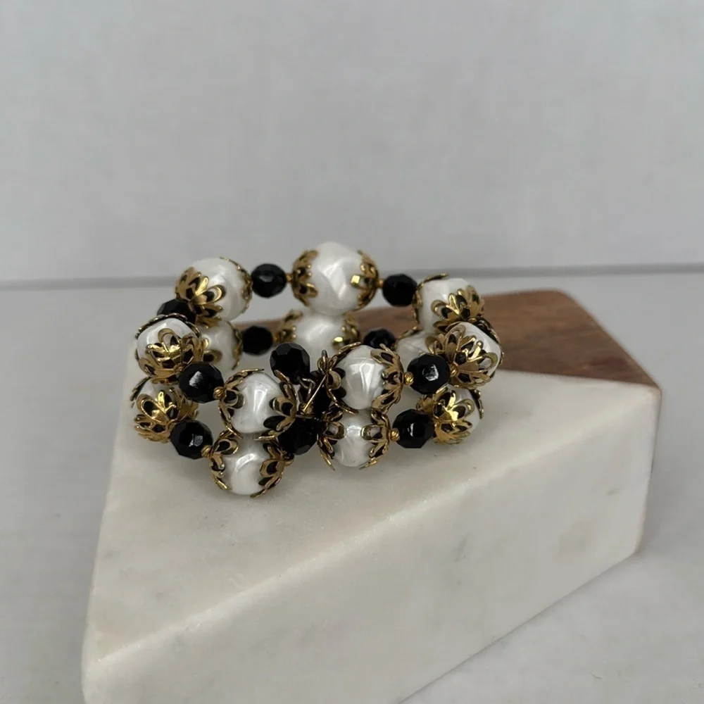 Iconic 1950s Memory Wire Bracelet Black and White with Gold Accents MCM lot C8